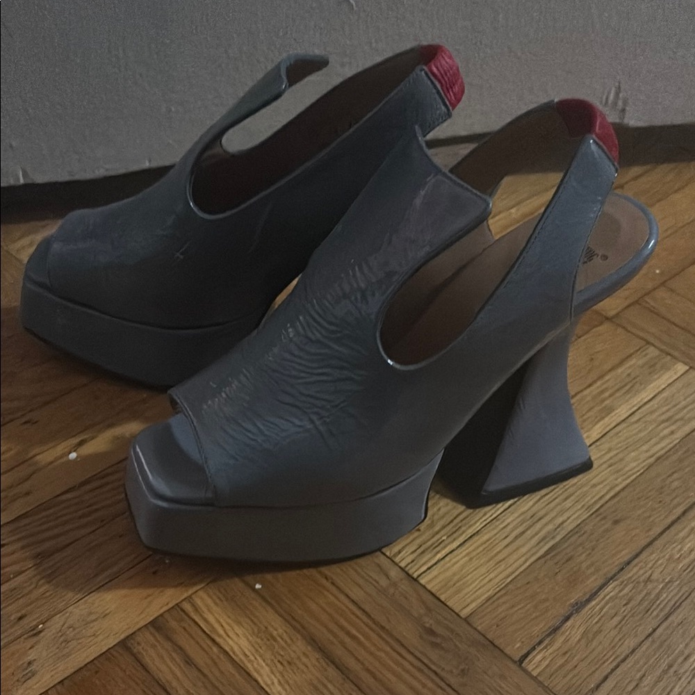 John Fluevog Gray Platform Peep-Toe Slingback Lady Miss Kier Style 90’s Shoes